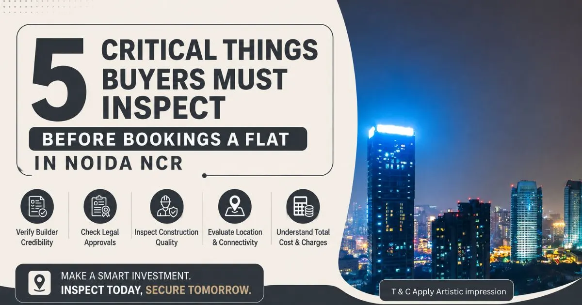 This image outlines the five things you should check when buying a property in Noida.